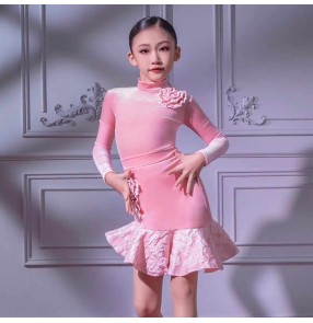 Girls pink velvet flowers latin ballroom dance dresses turtule neck irregular inclined skirts salsa rumba chacha performance costumes